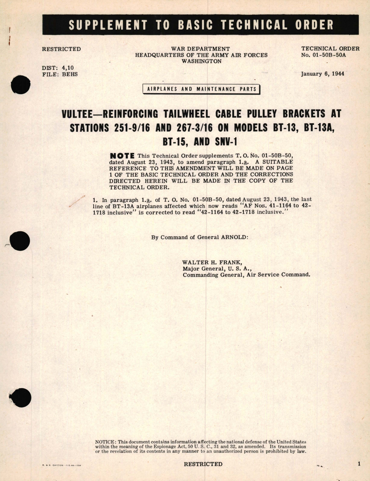 Sample page 1 from AirCorps Library document: Supplement, Vultee - Reinforcing Tailwheel Cable Pulley Brackets at Stations 251-9, 16 and 267-3, 16 On Models BT-13, BT-13A, BT-15, and SNV-1 