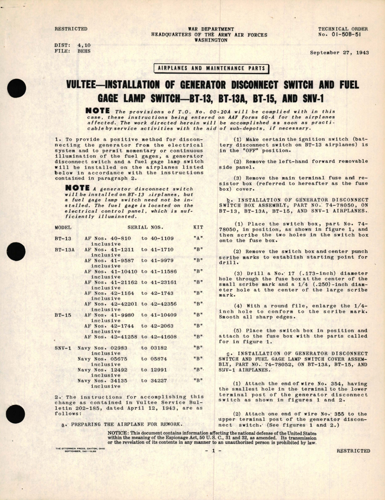 Sample page 1 from AirCorps Library document: Vultee - Installation of Generator Disconnect Switch and Fuel Gage Lamp Switch - BT-13, BT-13, BT-15, and SNV-1