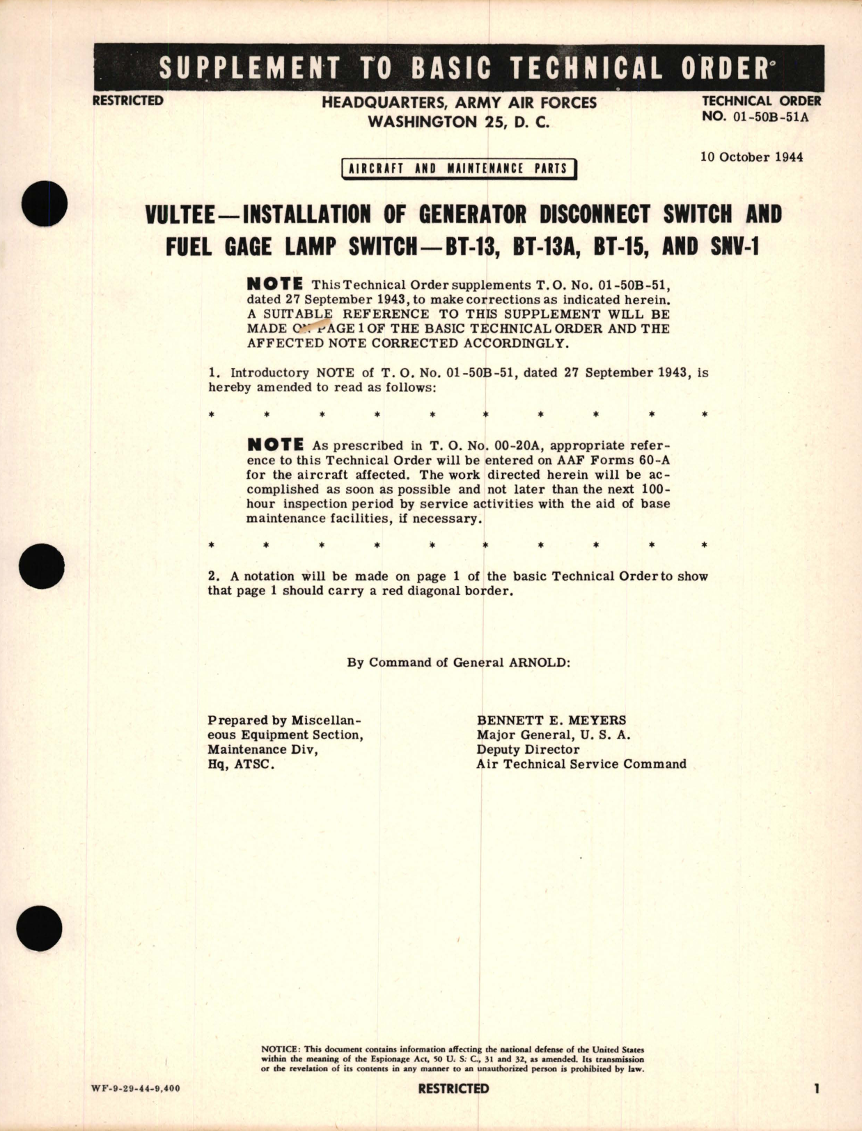 Sample page 1 from AirCorps Library document: Supplement, Vultee - Installation of Generator Disconnect Switch and Fuel Gage Lamp Switch - BT-13, BT-13A, BT-15, and SNV-1