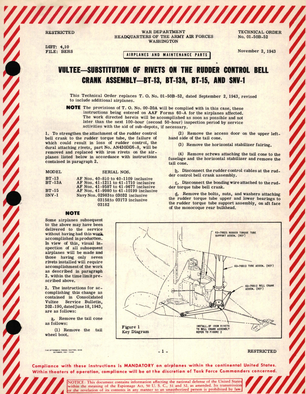 Sample page 1 from AirCorps Library document: Vultee - Substitution of Rivets on the Rudder Control Bell Crank Assembly - BT-13, BT-13, BT-15, and SNV-1