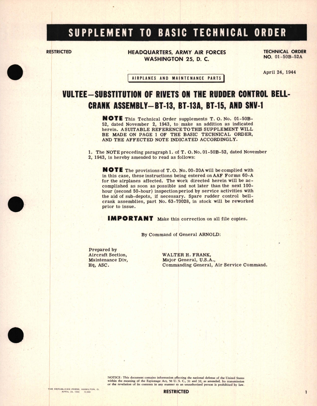 Sample page 1 from AirCorps Library document: Supplement, Vultee - Substitution of Rivets on the Rudder Control Bell - Crank Assembly - BT-13, BT-13A, BT-15, and SNV-1