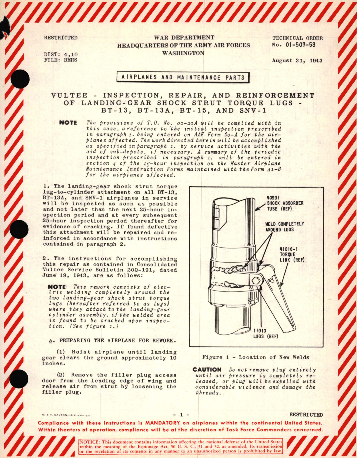 Sample page 1 from AirCorps Library document: Vultee - Inspection, Repair, and Reinforcement of Landing - Gear Shock Strut Torque Lugs - BT-13, BT-13A, BT-15, and SNV-1