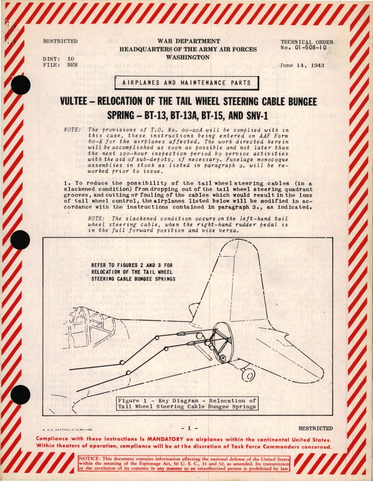 Sample page 1 from AirCorps Library document: Vultee - Relocation of the Tail Wheel Steering Cable Bungee Spring - BT-13, BT-13A, BT-15, and SNV-1, 14-June-1943, CScholl