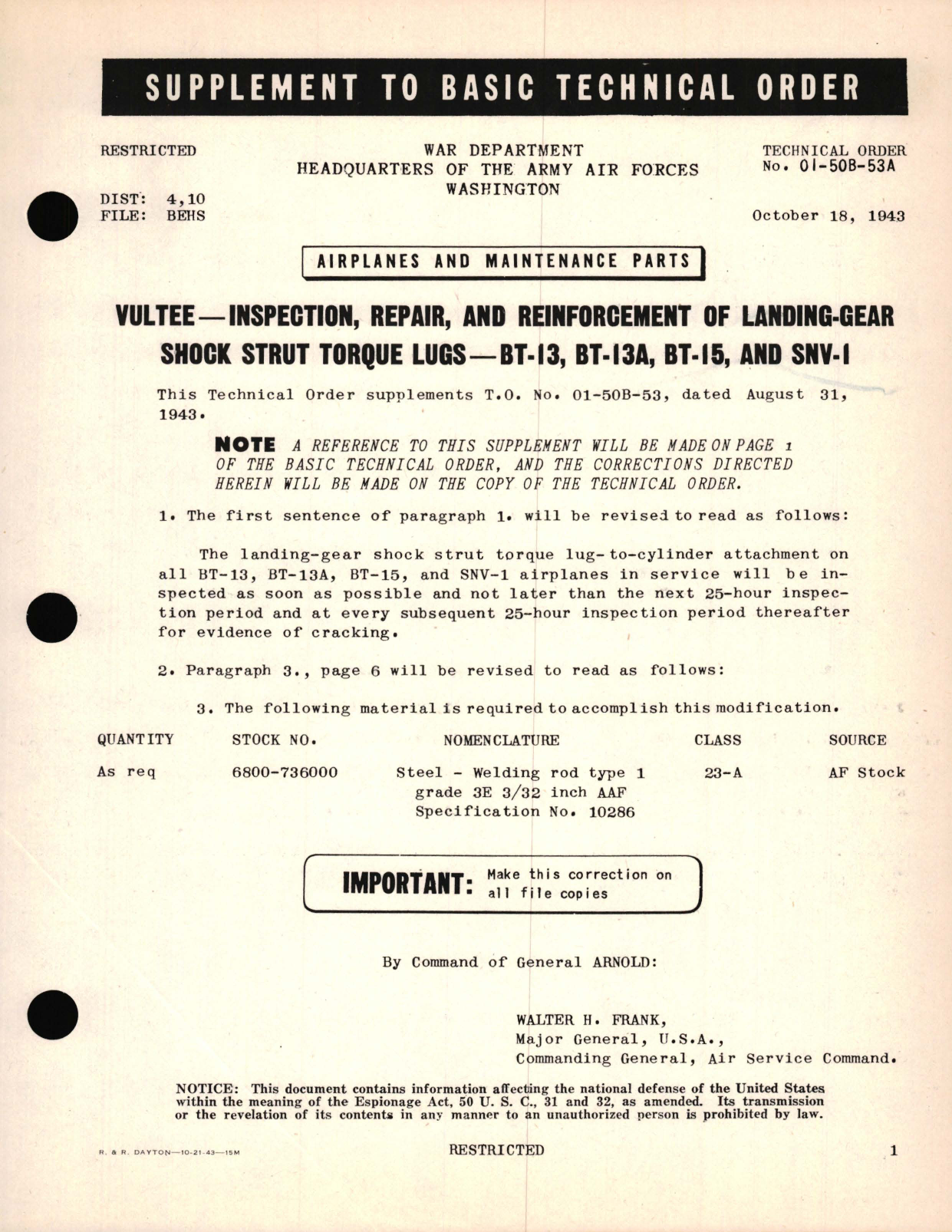 Sample page 1 from AirCorps Library document: Supplement, Vultee - Inspection, Repair, and Reinforcement of Landing-Gear Shock Strut Torque Lugs - BT-13, BT-13A, BT-15, and SNV-1