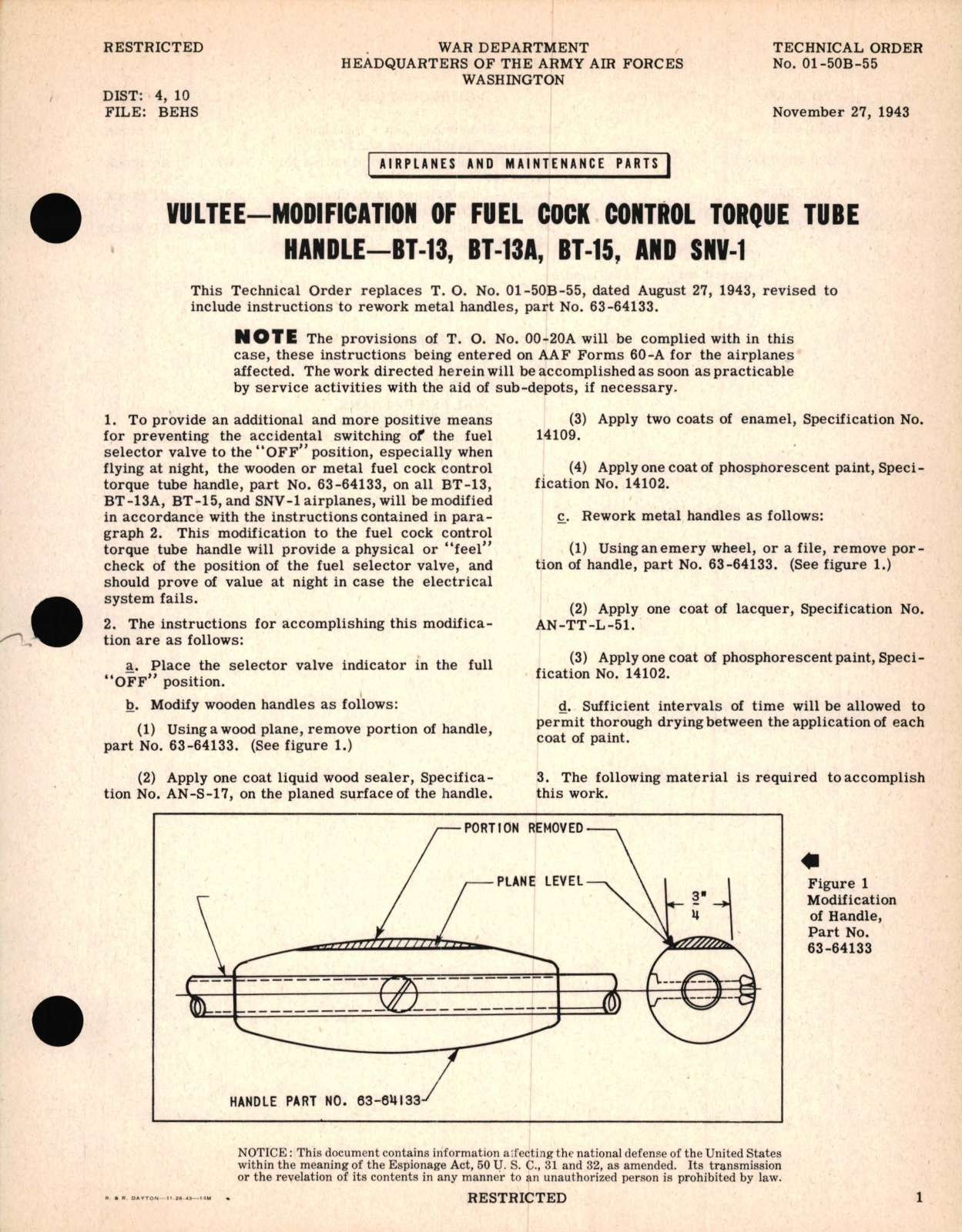 Sample page 1 from AirCorps Library document: Vultee - Modification of Fuel Cock Control Torque Tube Handle - BT-13, BT-13A, BT-15, and SNV-1