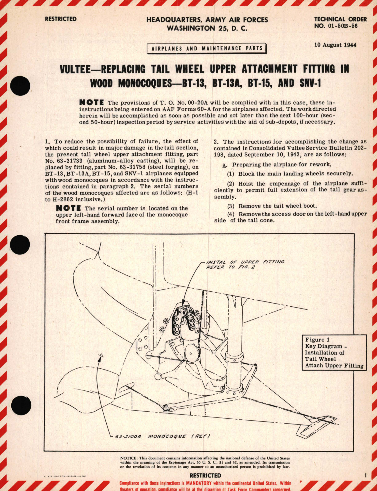 Sample page 1 from AirCorps Library document: Vultee - Replacing tail Wheel Upper Attachment Fitting in Wood Monocoques - BT-13, BT-13A, BT-15, and SNV-1