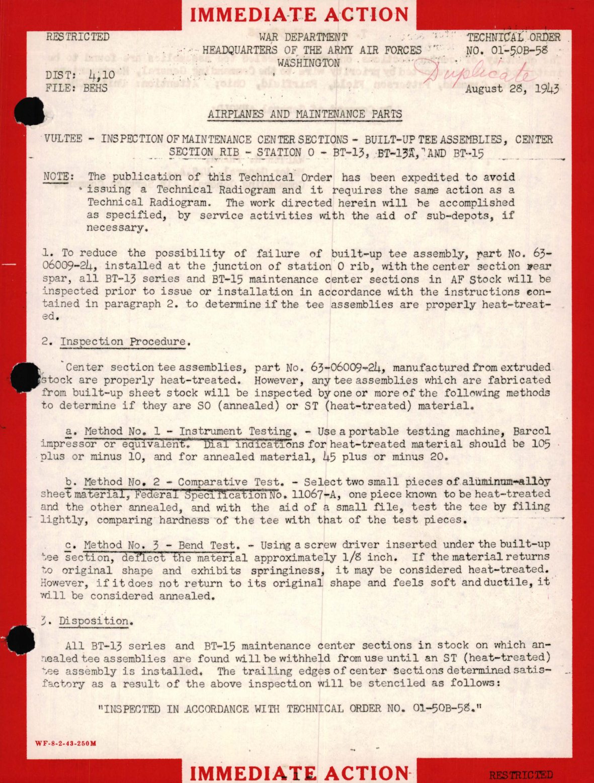 Sample page 1 from AirCorps Library document: Vultee - Inspection of Maintenance Center Sections - Built-Up Tee Assemblies, Center Section RIB - Station 0 - BT-13, BT-13A, and BT-15