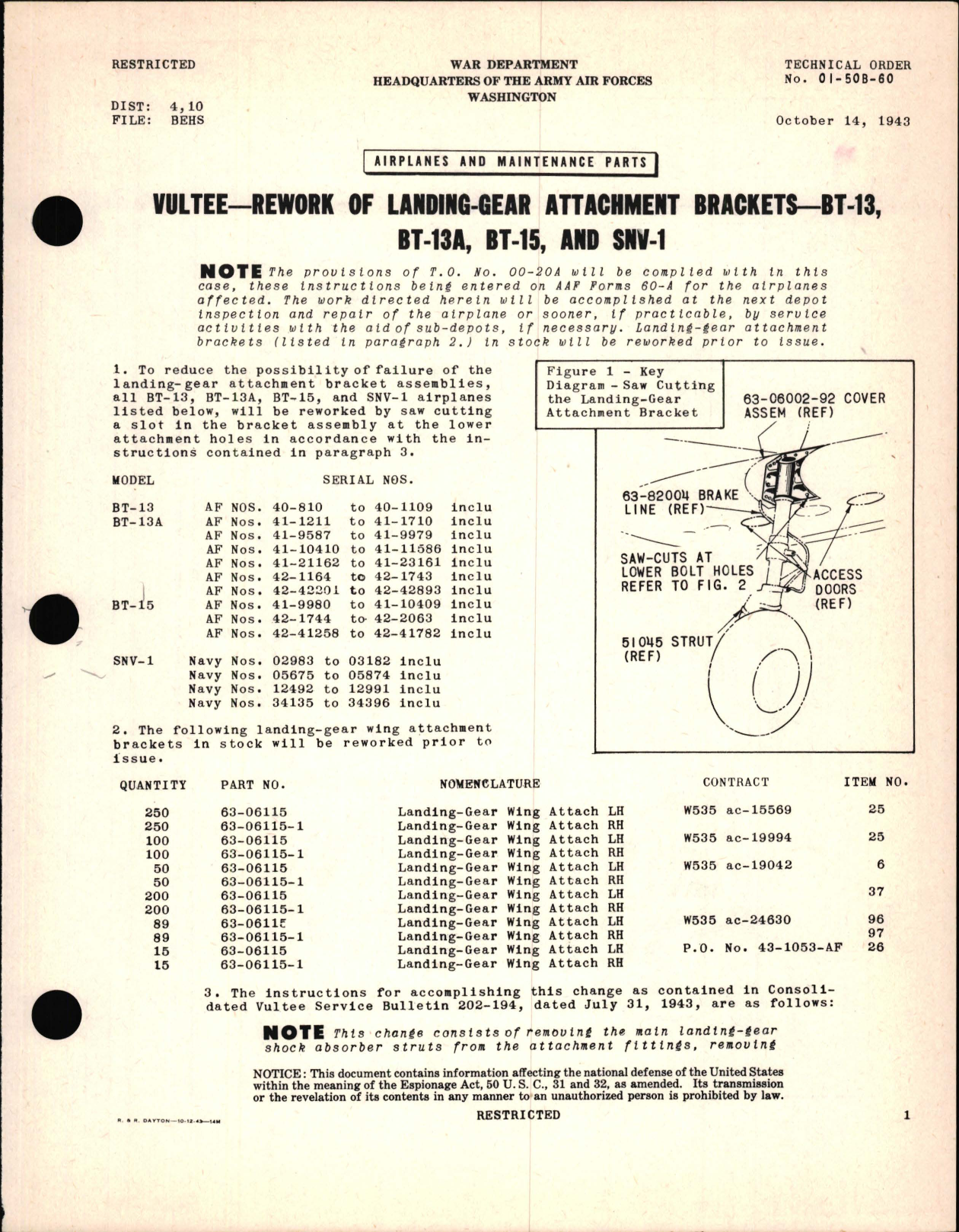 Sample page 1 from AirCorps Library document: Vultee - Rework of Landing-Gear Attachment Brackets - BT-13, BT-13A, BT-15, and SNV-1