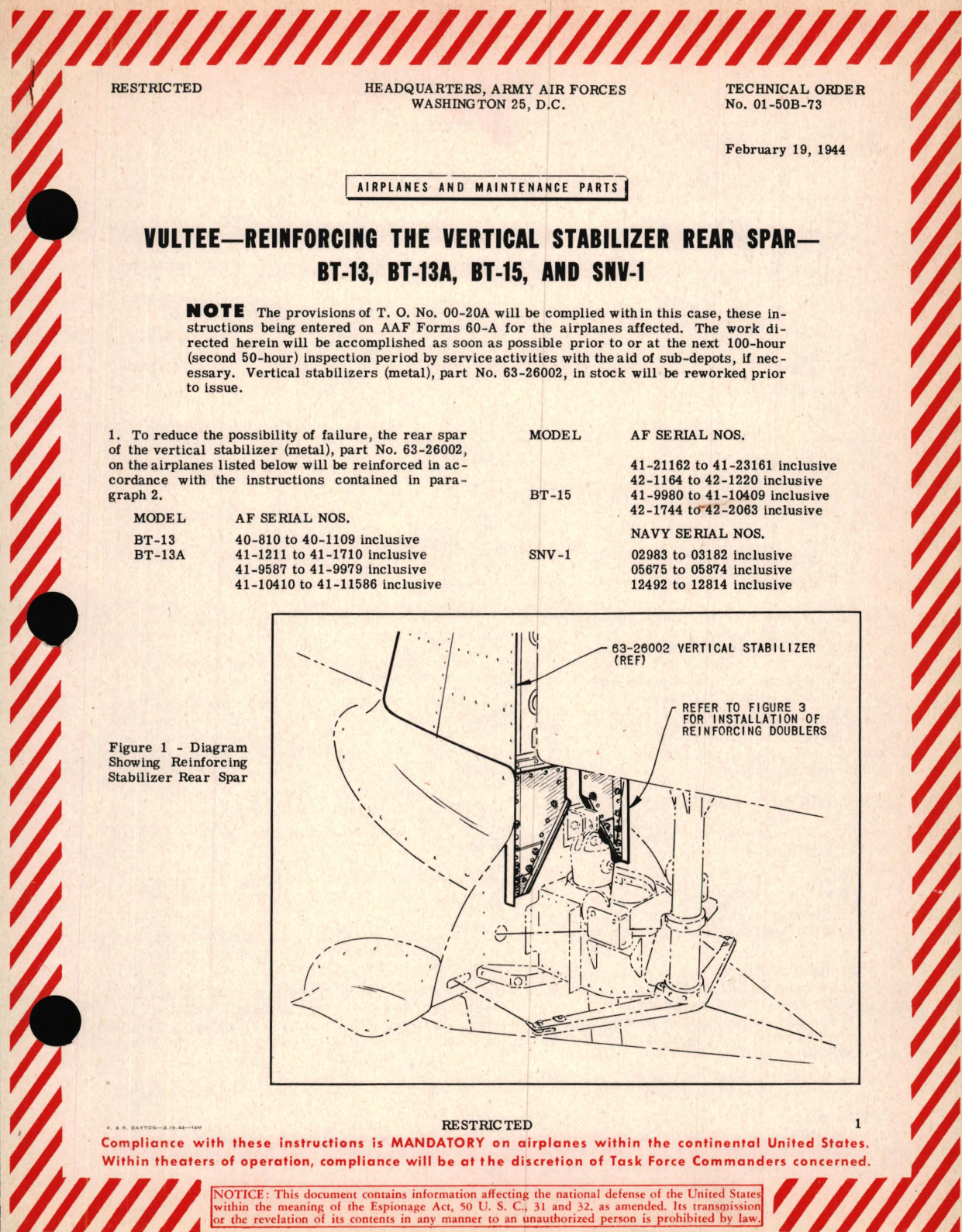 Sample page 1 from AirCorps Library document: Vultee - Reinforcing The Vertical Stabilizer Rear SPAR - BT-13, BT-13A, BT-15, and SNV-1