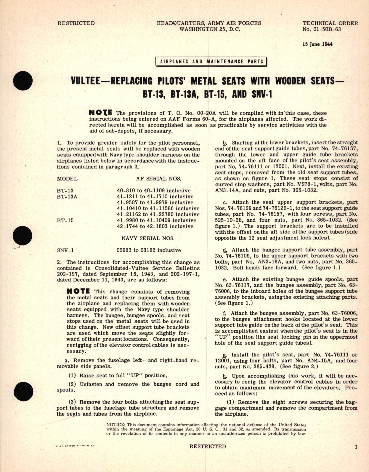 Sample page 1 from AirCorps Library document: Vultee - Replacing Pilots' Metal Seat with Wooden Seats - BT-13, BT-13A, BT-15, and SNV-1