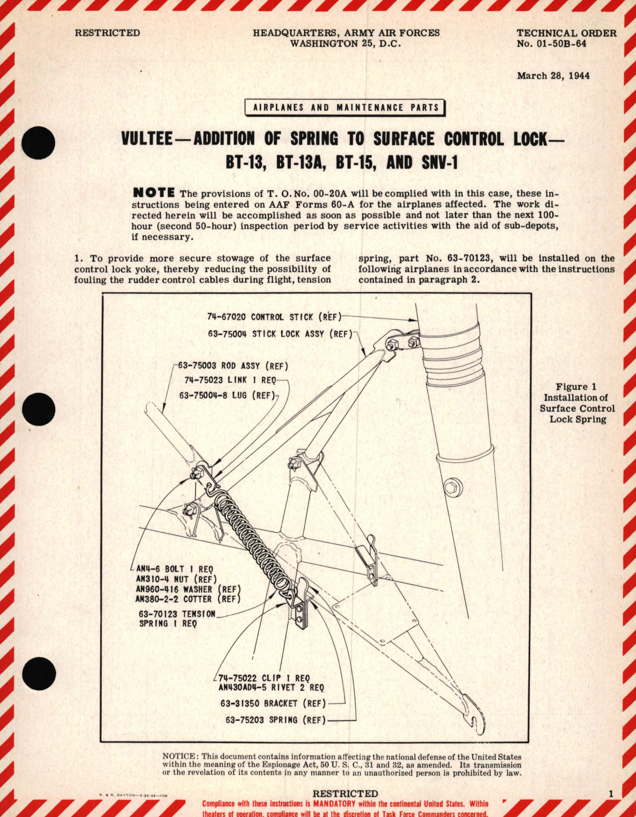 Sample page 1 from AirCorps Library document: Vultee - Addition of Spring to Surface Control Lock - BT-13, Bt-13A, BT-15, and SNV-1