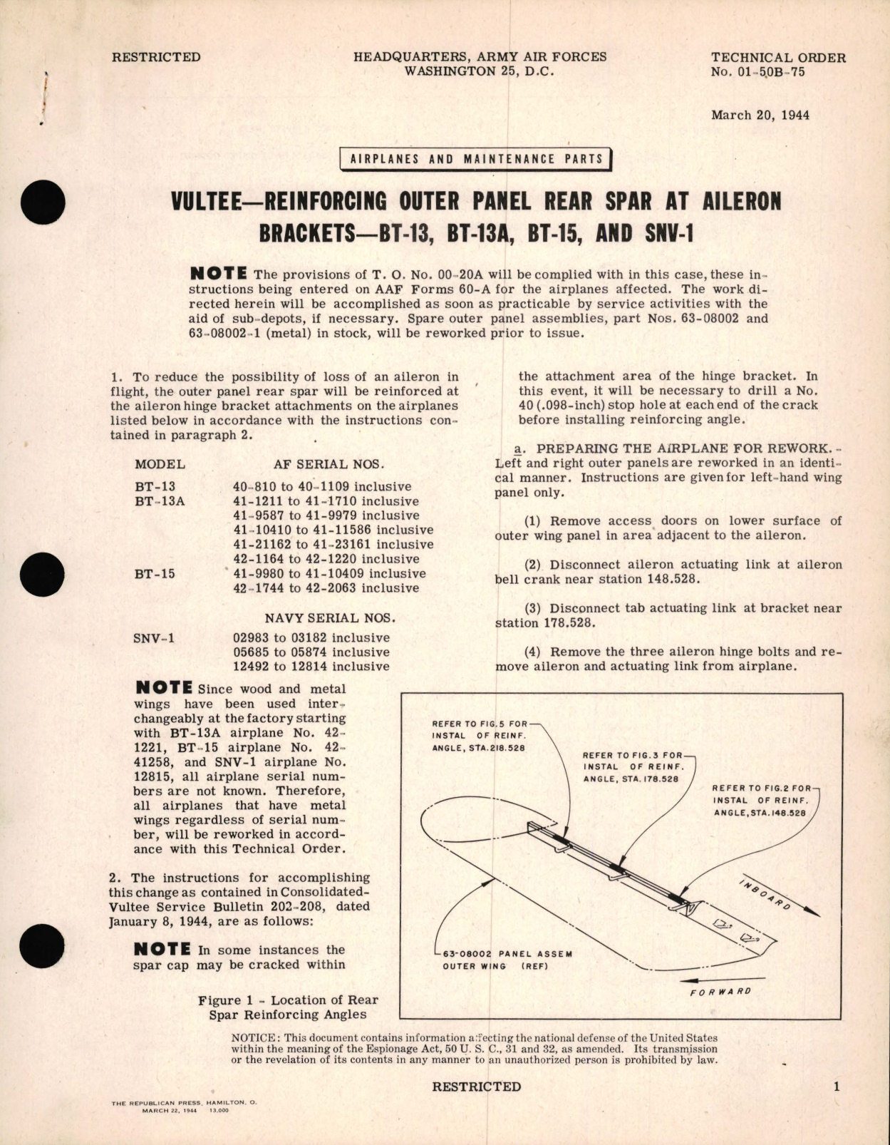 Sample page 1 from AirCorps Library document: Vultee - Reinforcing Outer Panel Rear SPAR at Aileron Brackets - BT-13, BT-13A, BT-15, and SNV-1, 20-Mar-1944