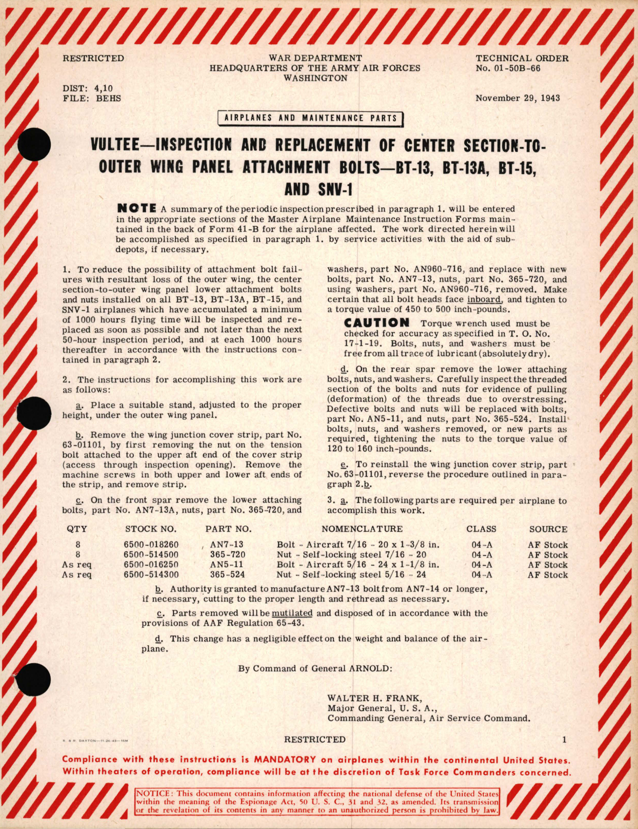 Sample page 1 from AirCorps Library document: Vultee - Inspection and Replacement of Center Section - To - Outer Wing Panel Attachment Bolts - BT-13, BT-13A, BT-15, and SNV-1