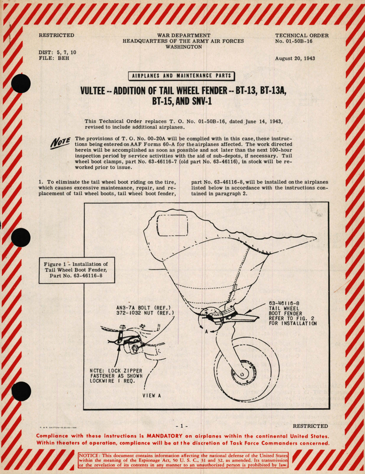 Sample page 1 from AirCorps Library document: Vultee - Addition of Tail Wheel Fender - BT-13, BT13A, BT-15, and SNV-1