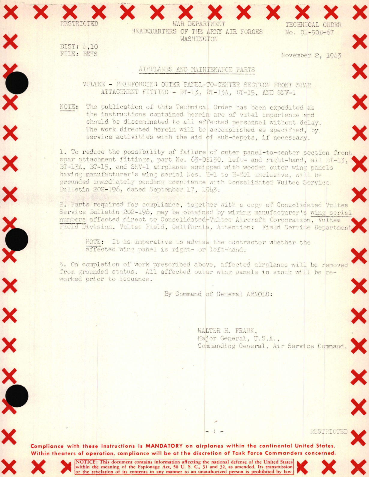 Sample page 1 from AirCorps Library document: Vultee - Reinforcing Outer Panel - To - Center Section Front SPAR Attachment Fitting - BT-13, BT-13A, BT-15, and SNV-1