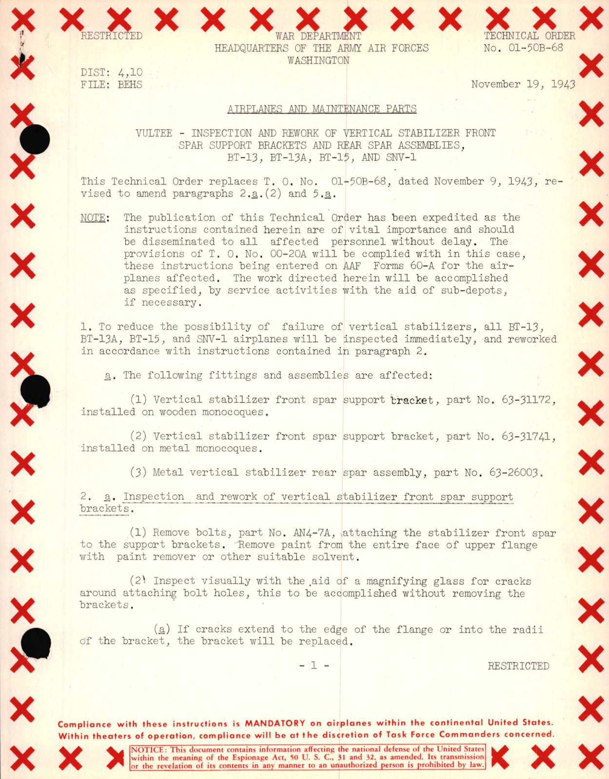 Sample page 1 from AirCorps Library document: Vultee - Inspection and Rework of Vertical Stabilizer Front SPAR Support Brackets and Rear SPAR Assemblies, BT-13, BT-13A, BT-15, and SNV-1