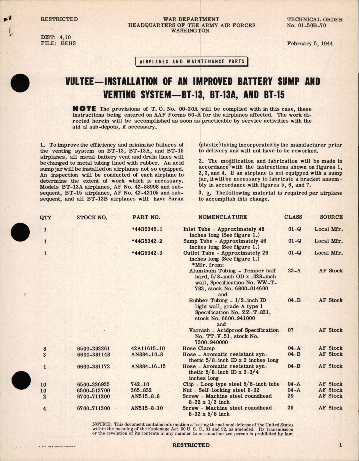 Sample page 1 from AirCorps Library document: Vultee - Installation of An Improved Battery Sump and Venting System - BT-13, BT-13A, and BT-15