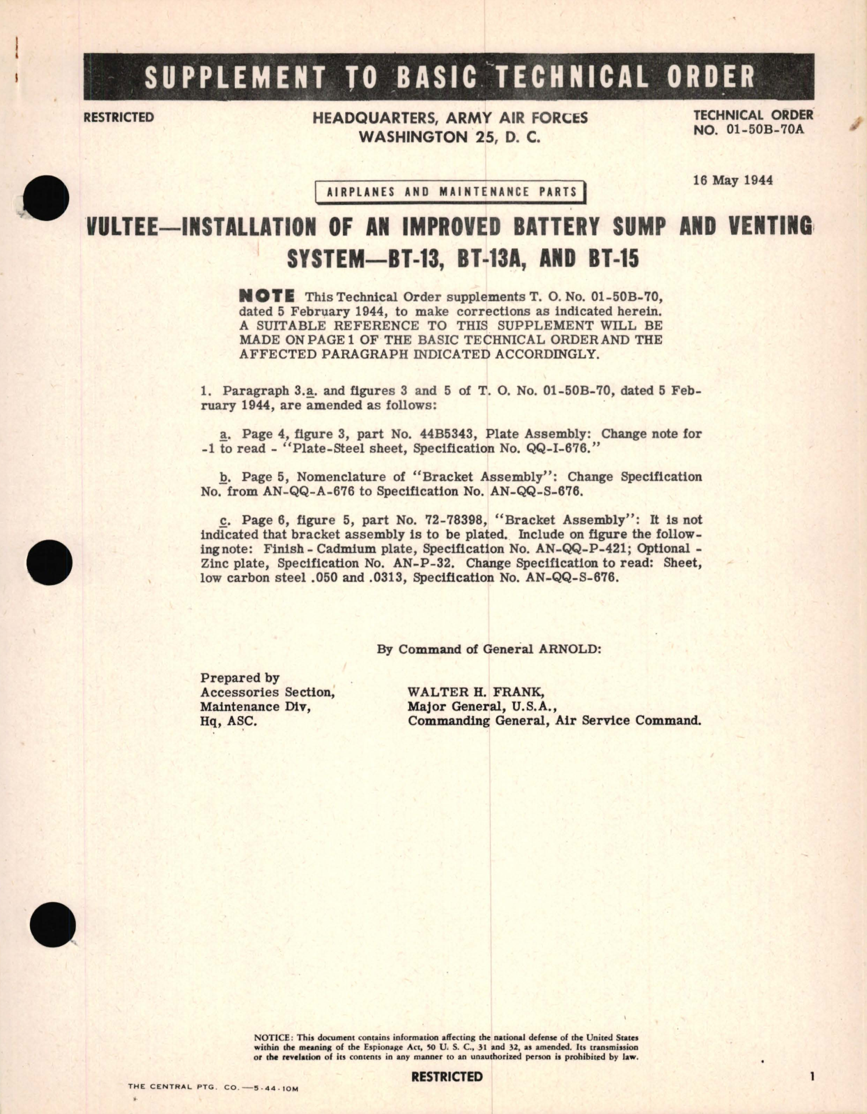 Sample page 1 from AirCorps Library document: Vultee - Installation of An Improved Battery Sump and Venting System - BT-13, BT-13A, and BT-15