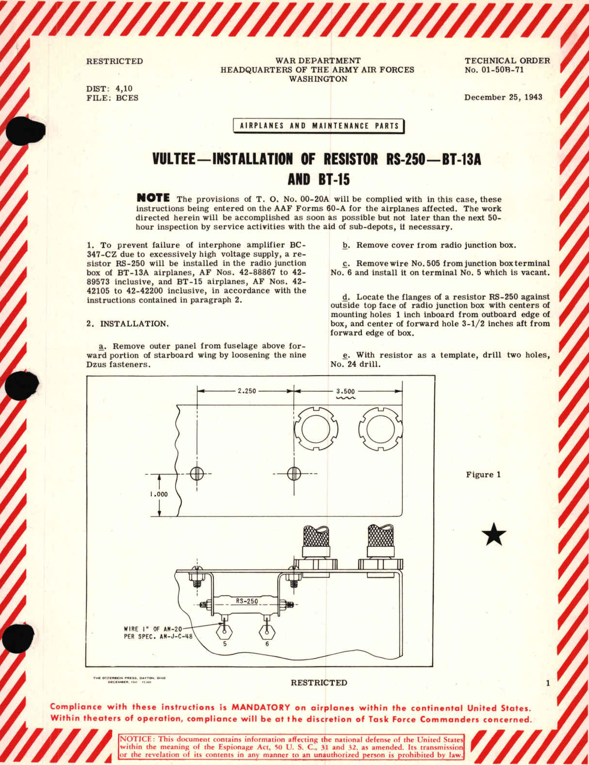 Sample page 1 from AirCorps Library document: Vultee - Installation of Resistor RS-25 - BT-13A and BT-15