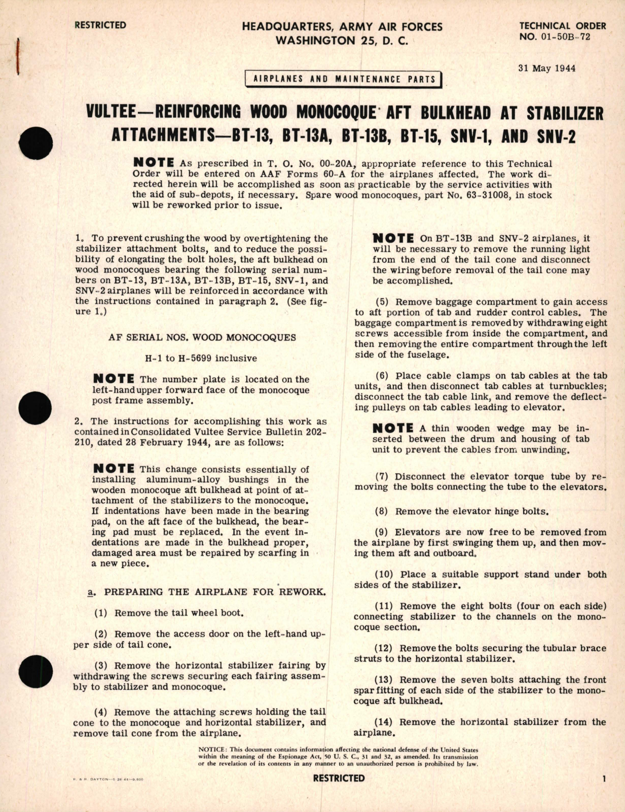 Sample page 1 from AirCorps Library document: Vultee - Reinforcing Wood Monocoque AFT Bulkhead at Stabilizer Attachments - BT-13, BT-13A, BT-13B, BT-15, SNV-1 and SNV-2