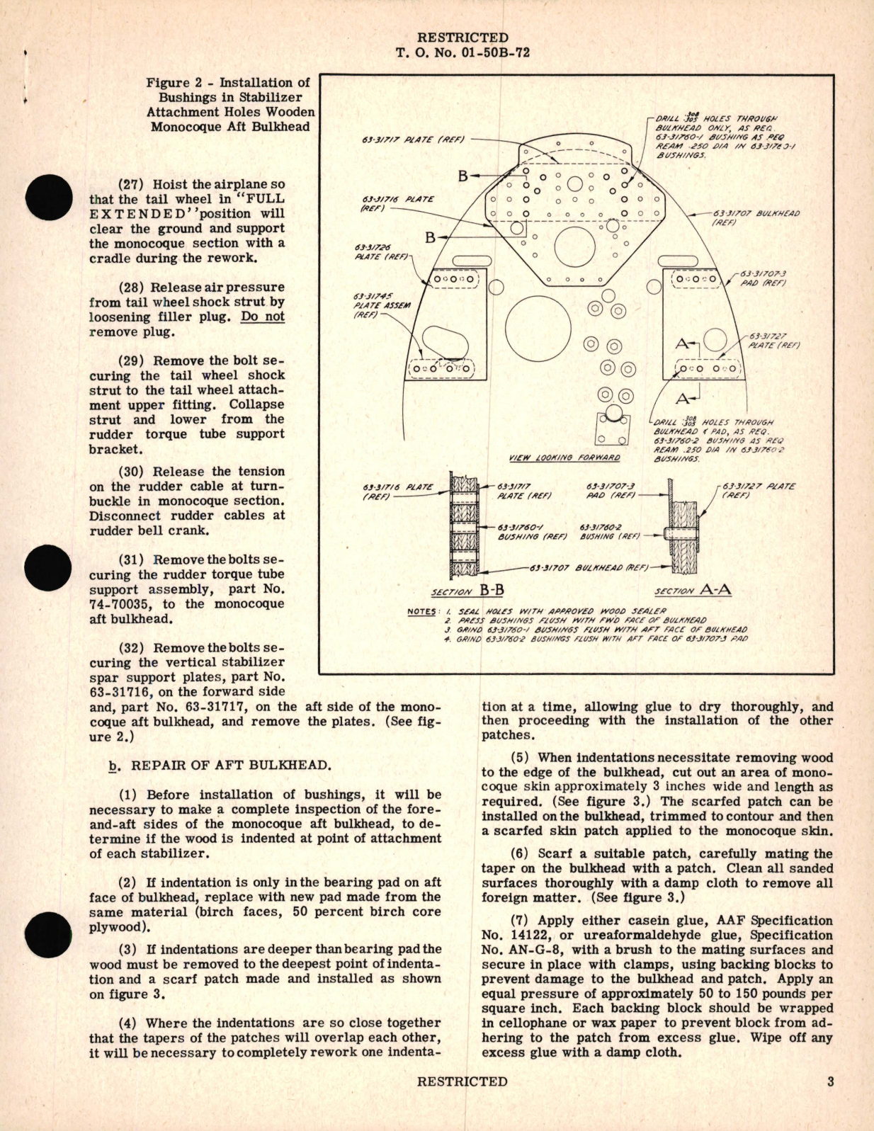 Sample page 3 from AirCorps Library document: Vultee - Reinforcing Wood Monocoque AFT Bulkhead at Stabilizer Attachments - BT-13, BT-13A, BT-13B, BT-15, SNV-1 and SNV-2