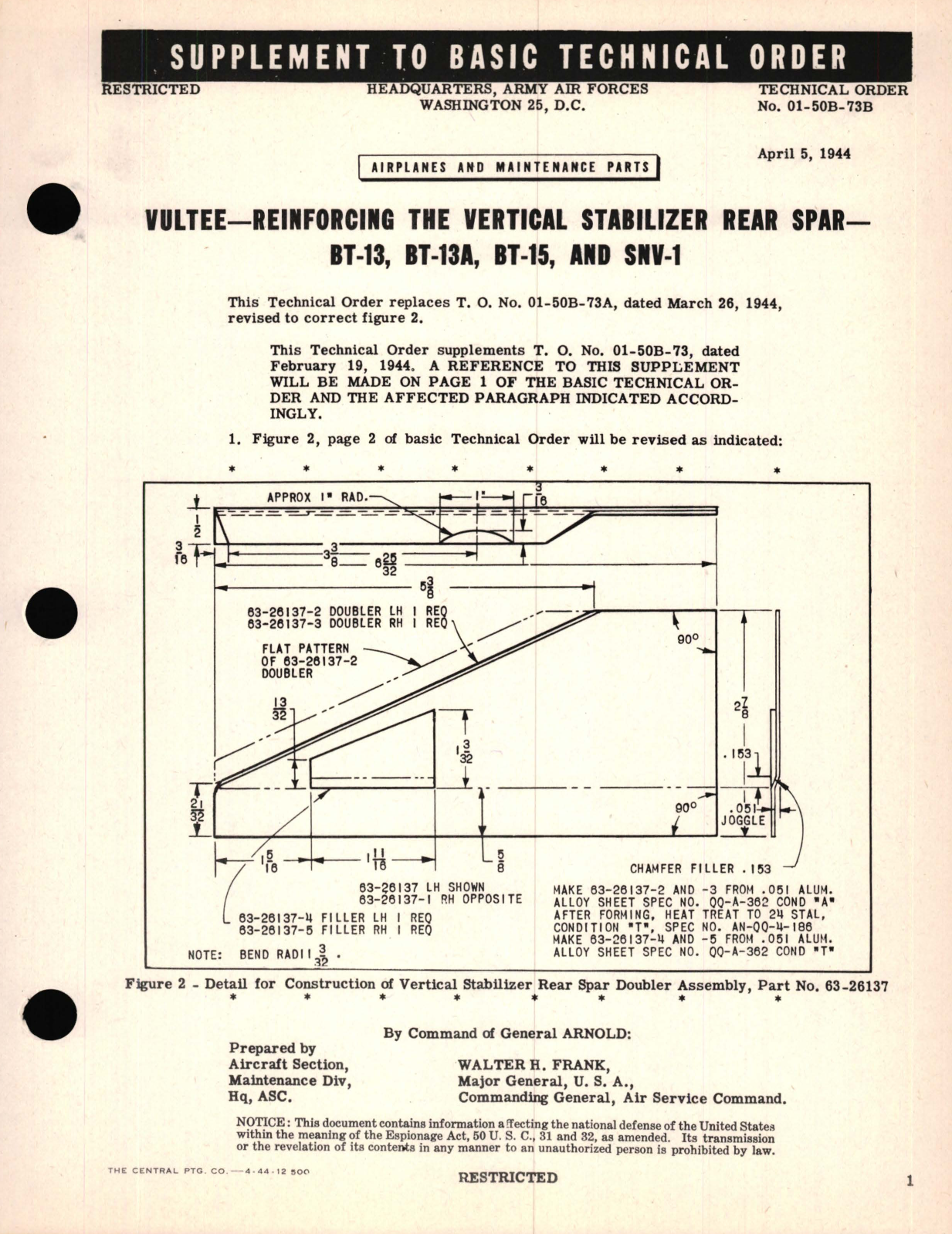 Sample page 1 from AirCorps Library document: Supplement, Vultee - Reinforcing The Vertical Stabilizer Rear SPAR - BT-13, BT-13A, BT-15, and SNV-1