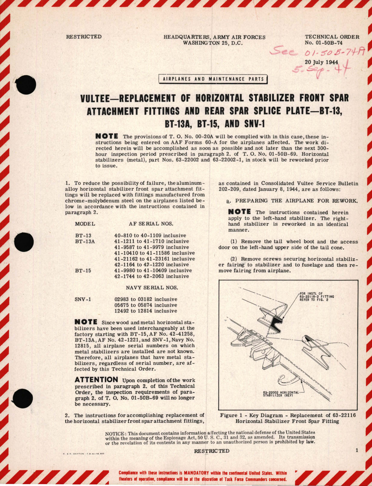 Sample page 1 from AirCorps Library document: Vultee - Replacement of Horizontal Stabilizer Front SPAR Attachment Fittings and Rear SPAR Splice Plate - BT-13, BT-13A, BT-15, and SNV-1, , CScholl