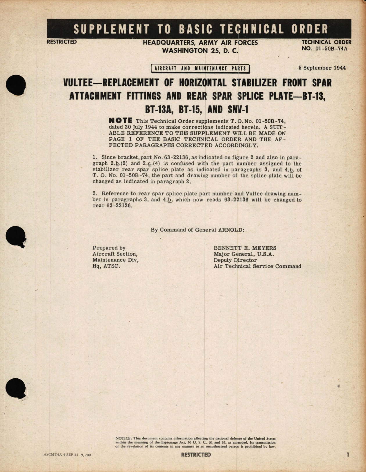 Sample page 1 from AirCorps Library document: Vultee - Replacement of Horizontal Stabilizer Front Spar Attachment Fittings and Rear Spar Splice Plate - BT-13, Bt-13A, BT-15, and SNV-1