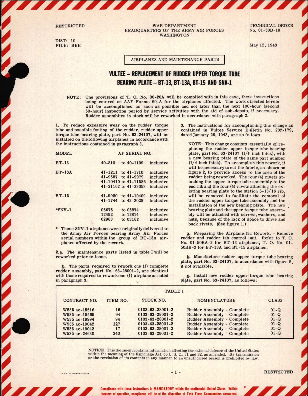 Sample page 1 from AirCorps Library document: Vultee - Replacement of Rudder Upper Torque Tube Bearing Plate - BT-13, BT-13A, BT-15 and SNV-1