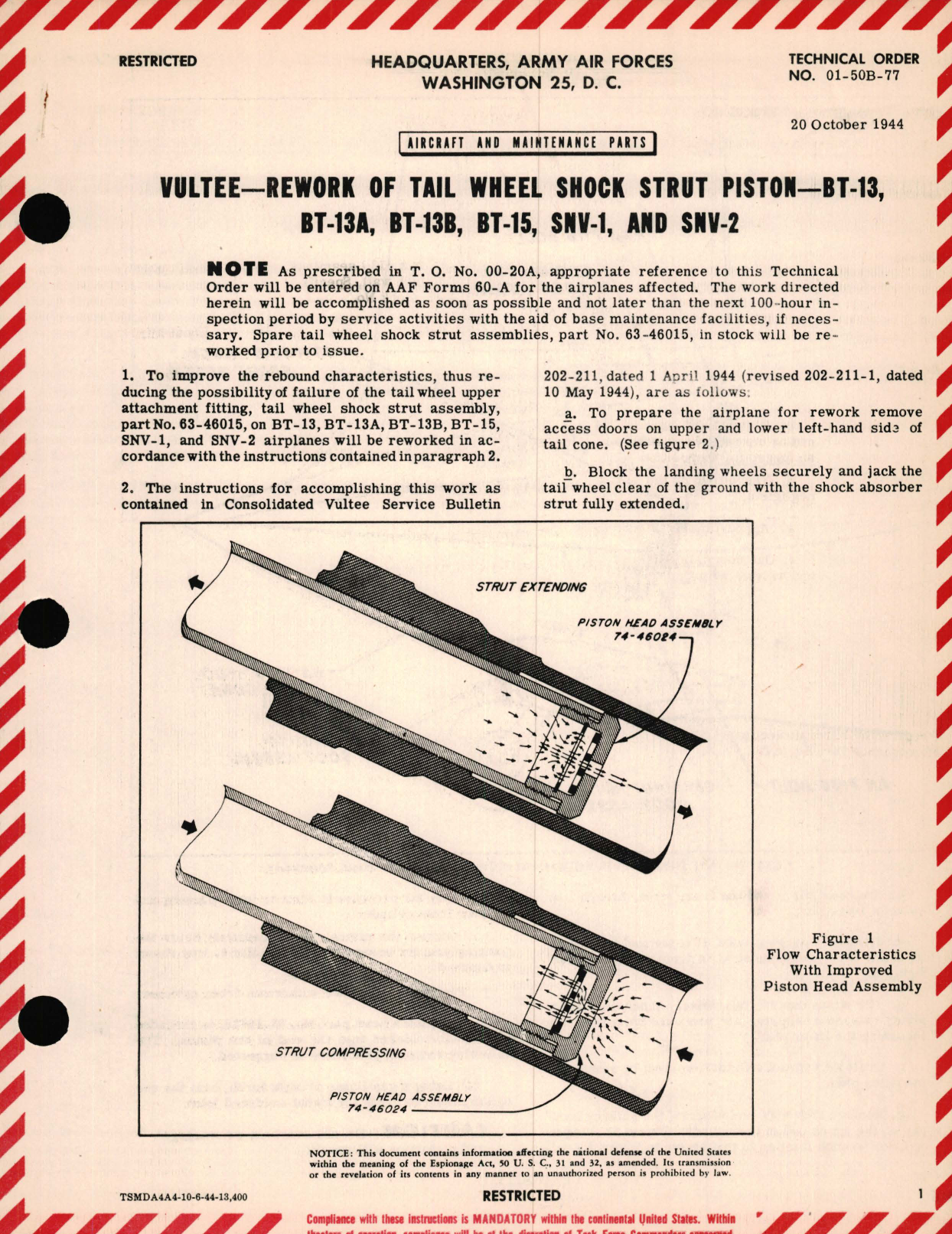 Sample page 1 from AirCorps Library document: Vultee - Rework of Tail Wheel Shock Strut Piston - BT-13, BT-13A, BT-13B, BT-15, SNV-1, and SNV-1, and SNV-2