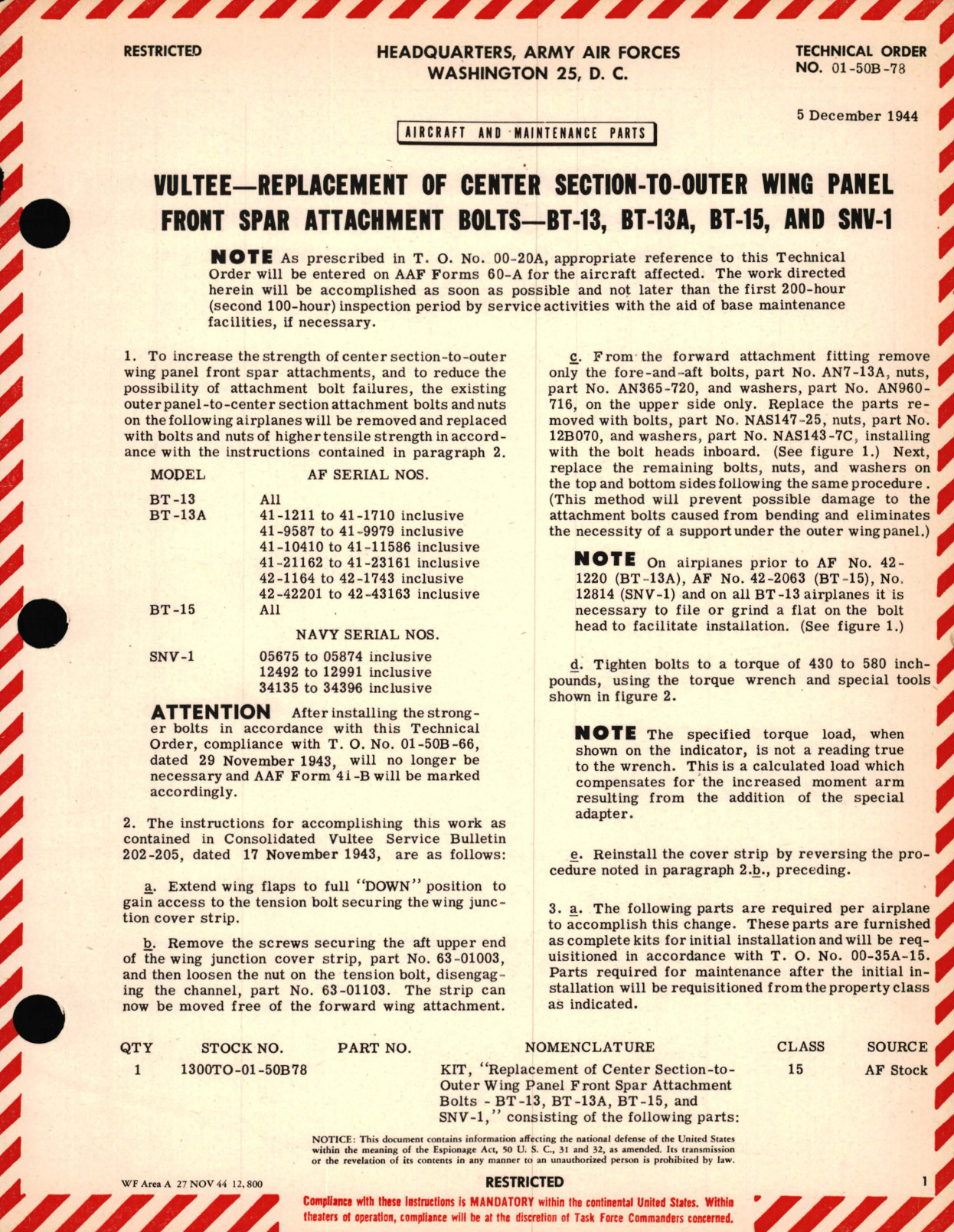 Sample page 1 from AirCorps Library document: Vultee - Replacement of Center Section - To - Outer Wing Panel Front SPAR Attachment Bolts - BT-13, BT-13A, BT-15, and SNV-1