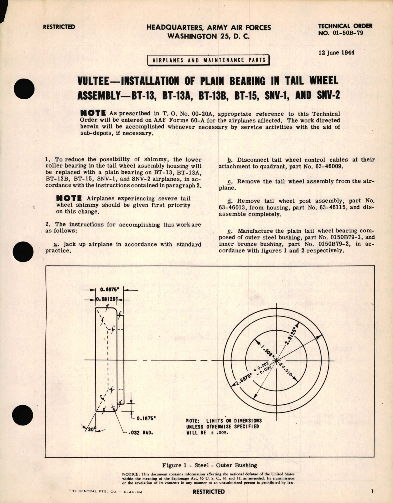 Sample page 1 from AirCorps Library document: Vultee - Installation of Plain Bearing in Tail Wheel Assembly - BT-13, BT-13A, BT-13B, Bt-15, SNV-1, and SNV-2