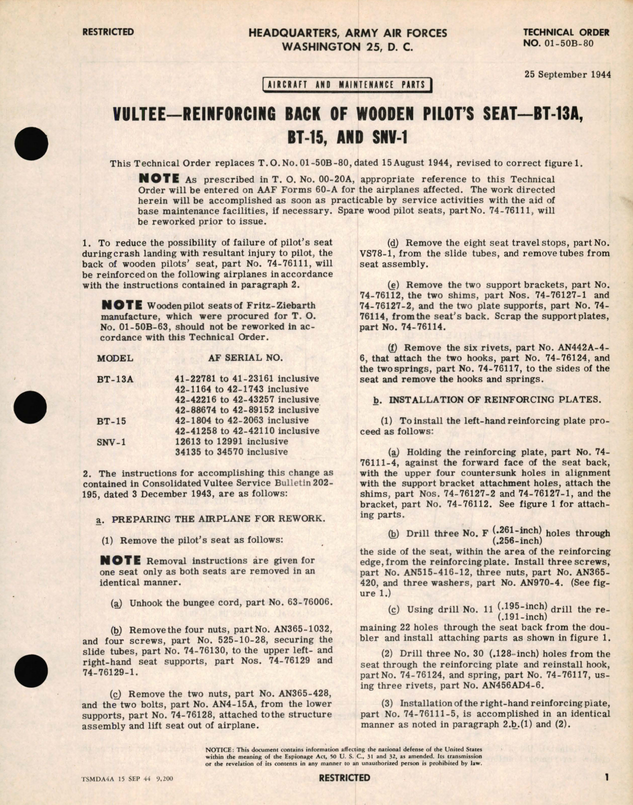 Sample page 1 from AirCorps Library document: Vultee - Reinforcing Back of Wooden Pilot's Seat - BT-13A, BT-15, and SNV-1