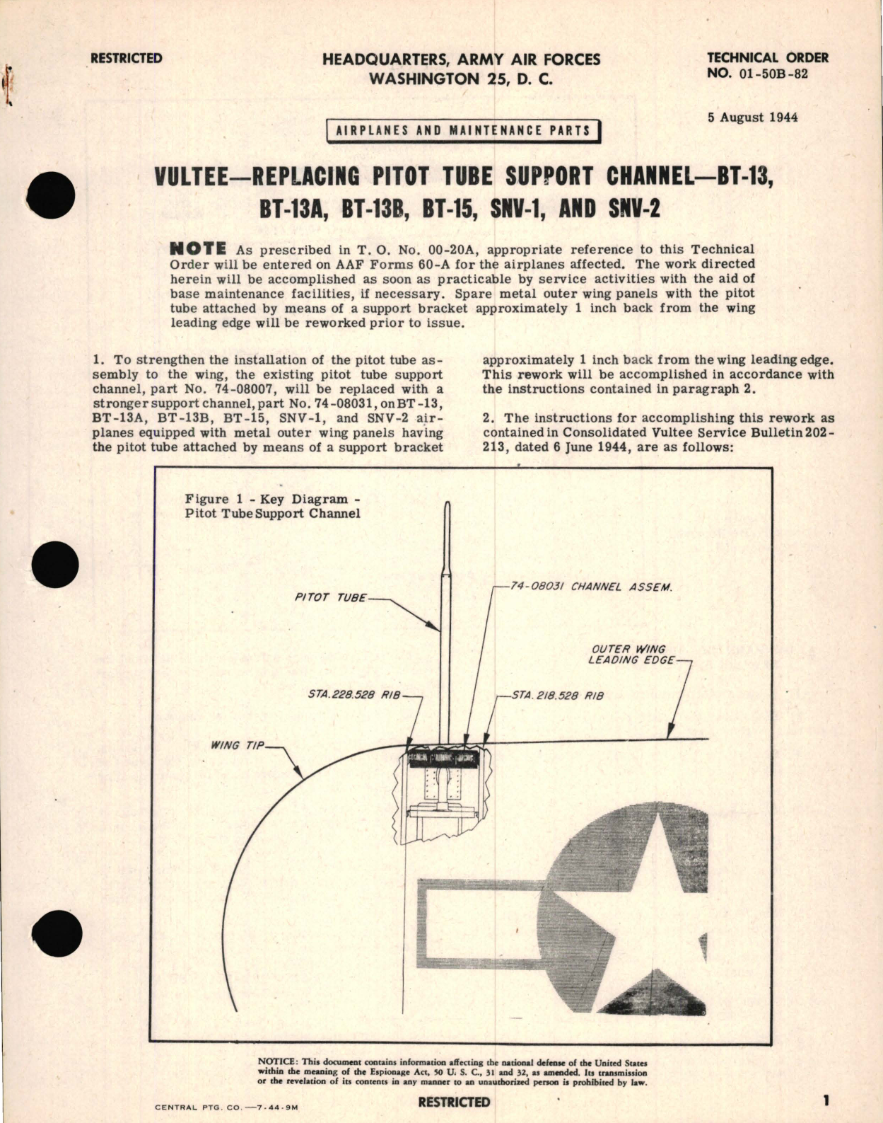 Sample page 1 from AirCorps Library document: Vultee - Replacing Pitot Tube Support Channel - BT-13, BT-13A, Bt-13B, BT-15, SNV-1, and SNV-2