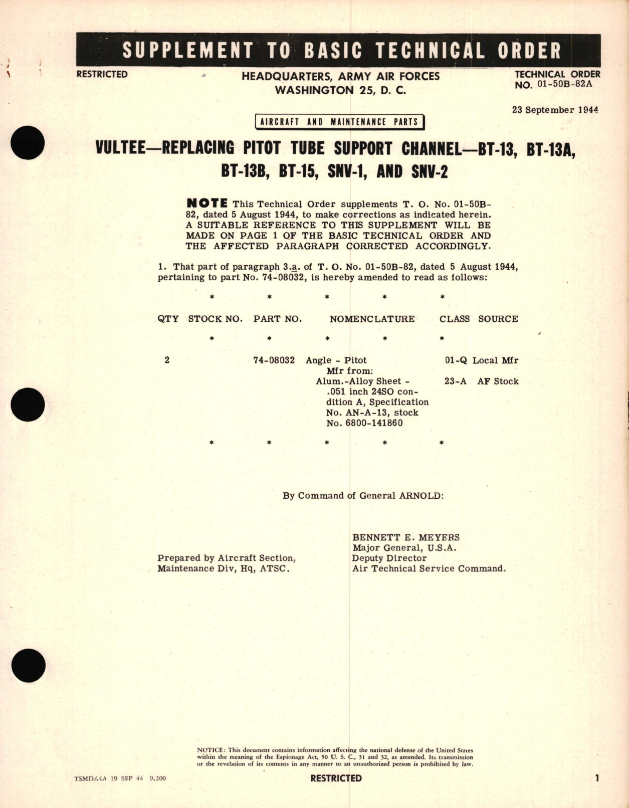 Sample page 1 from AirCorps Library document: Vultee- Replacing Pitot Tube Support Channel - BT-13, BT-13A, BT-13B, BT-15, SNV-1, and SNV-2