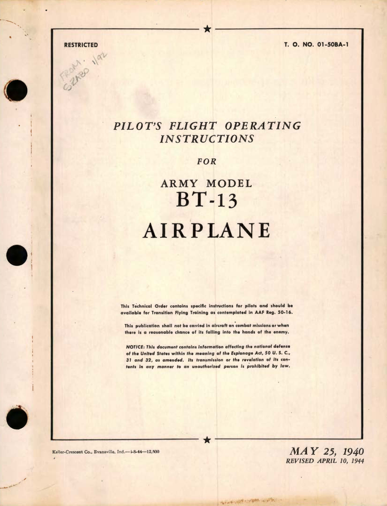 Sample page 1 from AirCorps Library document: Pilot's Flight Operating Instructions for Army Model BT-13 Airplane