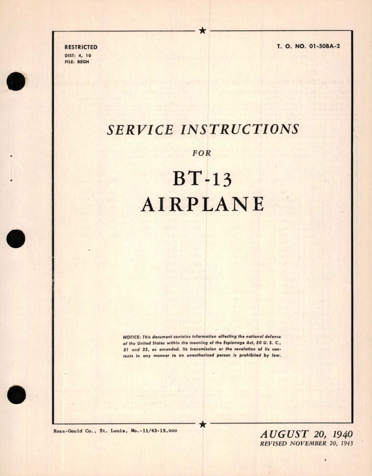 Sample page 1 from AirCorps Library document: Service Instructions for BT-13 Airplane