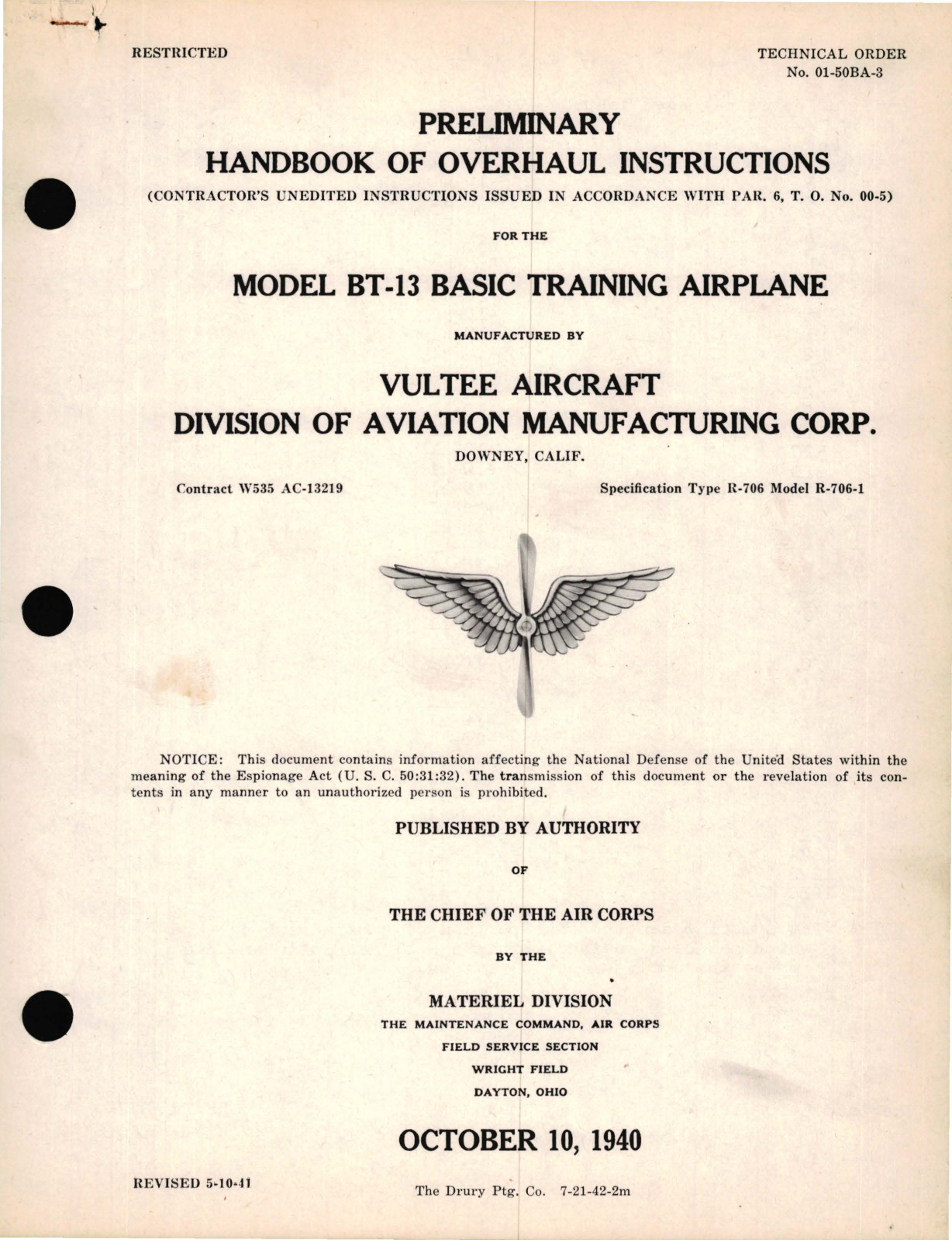 Sample page 1 from AirCorps Library document: Preliminary, Overhaul Instructions for the Model BT-13 Basic Training Airplane