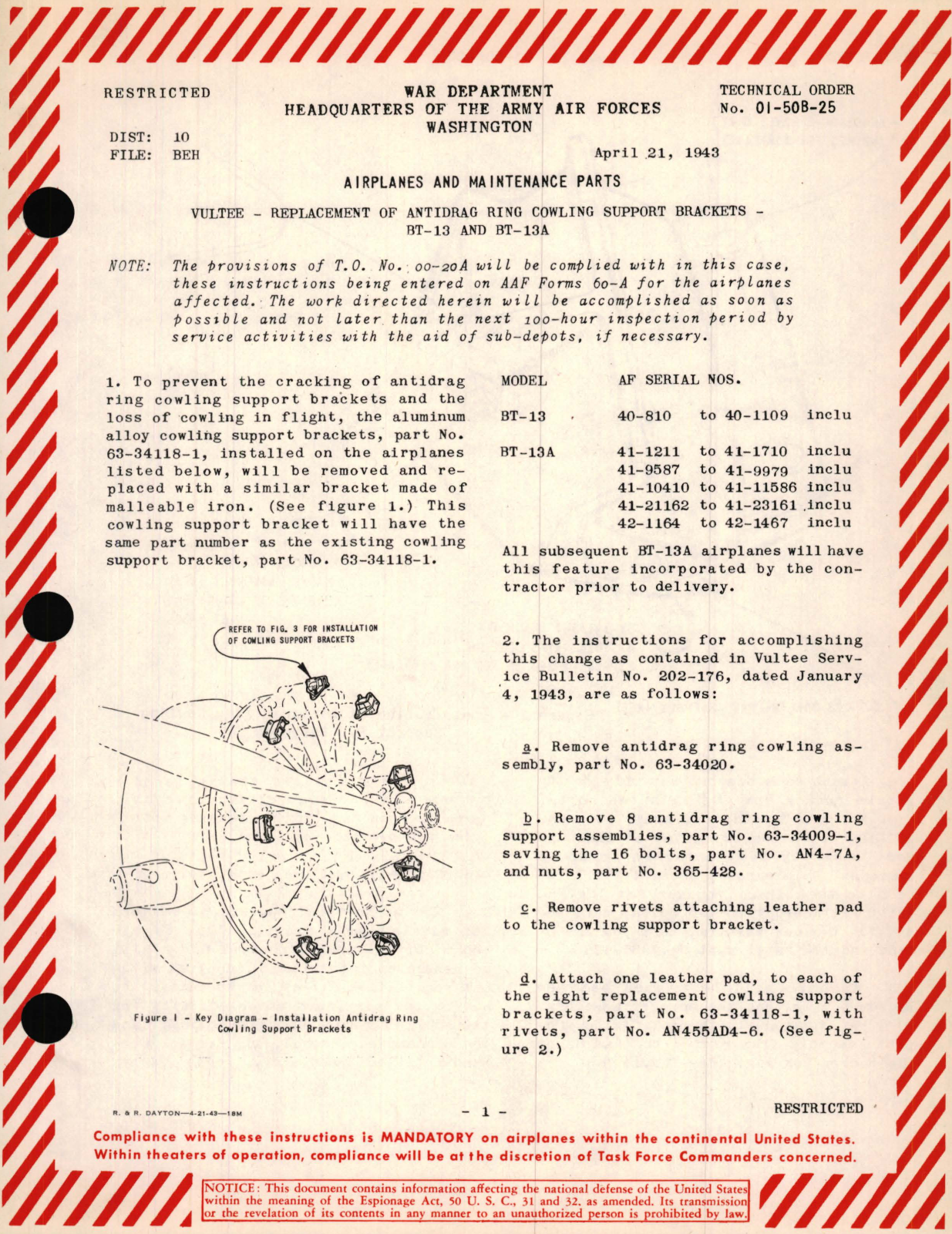 Sample page 1 from AirCorps Library document: Vultee  -  Replacement of Antidrag Ring Cowling Support Brackets - BT-13 and BT-13A