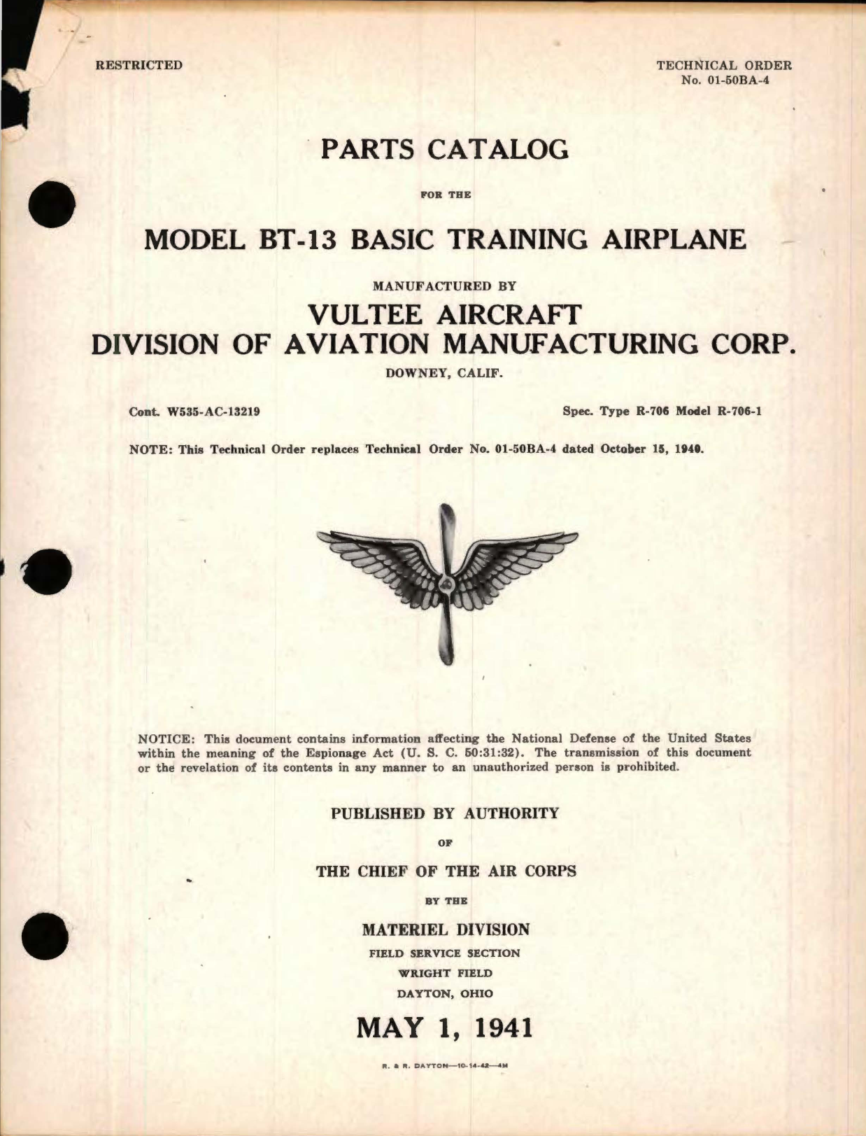 Sample page 1 from AirCorps Library document: Parts Catalog for the Model BT-13 Basic Training Airplane