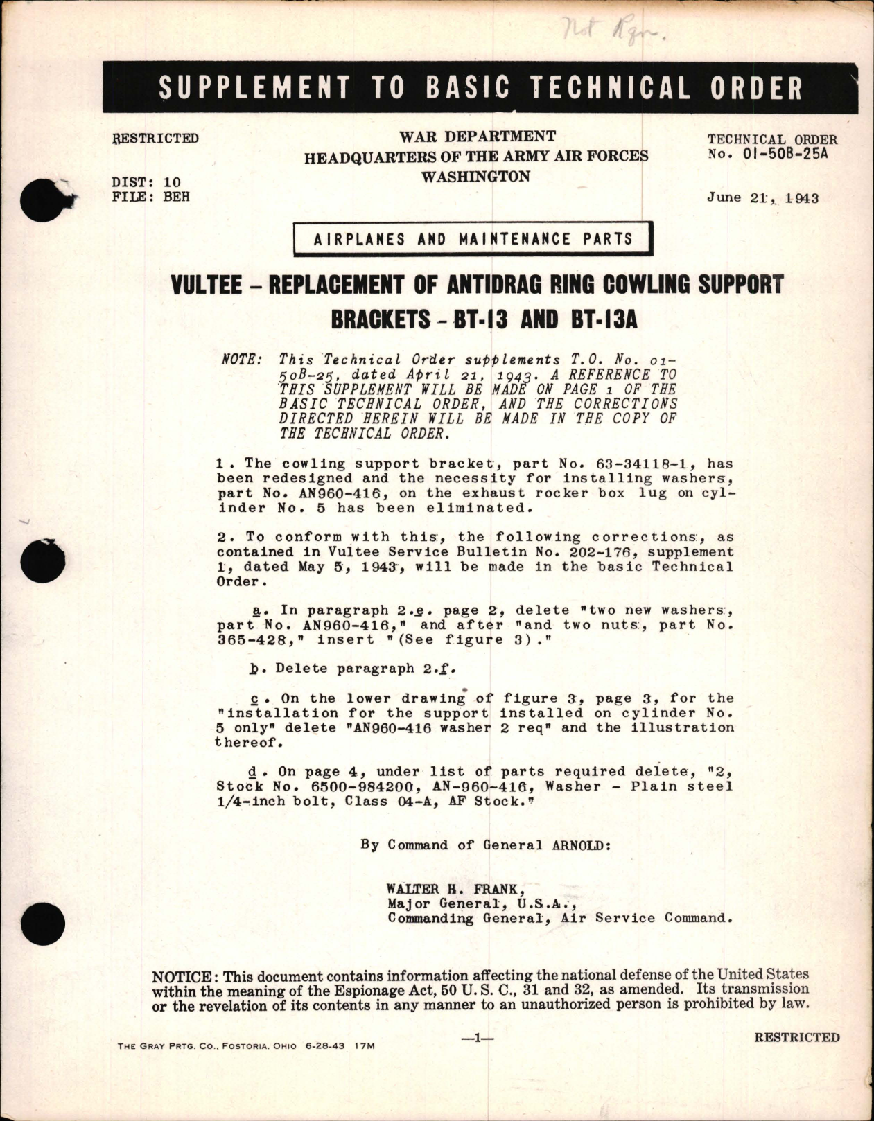 Sample page 1 from AirCorps Library document: Vultee - Replacement of Antidrag Ring Cowling Support Brackets - BT-13 and BT-13A