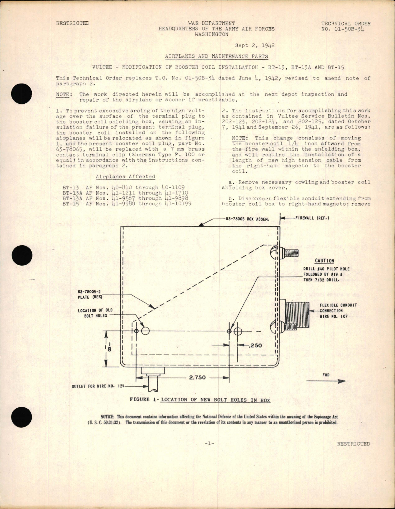 Sample page 1 from AirCorps Library document: Vultee - Modification of Booster Coil Installation - BT-13, BT-13A and BT-15