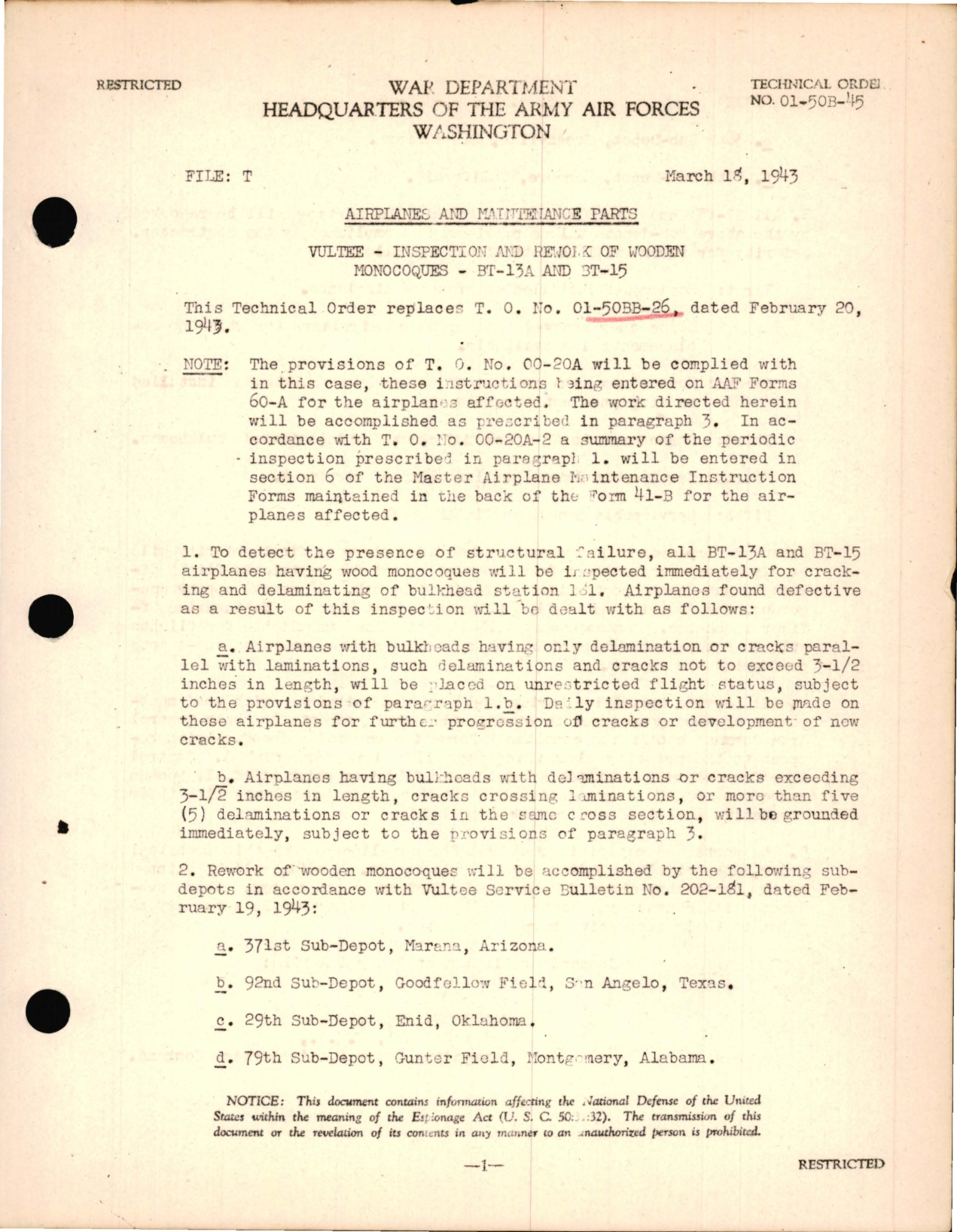 Sample page 1 from AirCorps Library document: Vultee - Inspection and Rework of Wooden Monocoques - BT-13A and BT-15