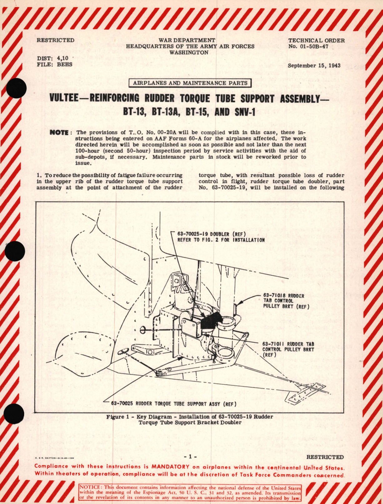 Sample page 1 from AirCorps Library document: Vultee - Reinforcing Rudder Torque Tube Support Assembly - BT-13, BT-13A, BT-15, and SNV-1