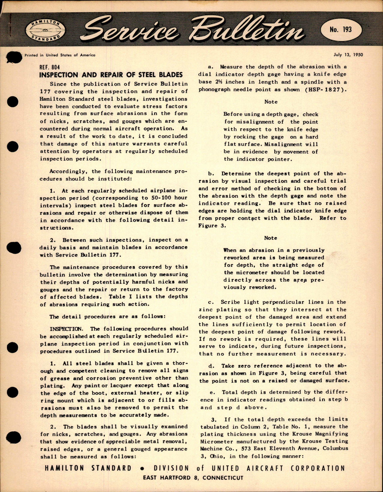 Sample page 1 from AirCorps Library document: Inspection and Repair of Steel Blades, Ref 804