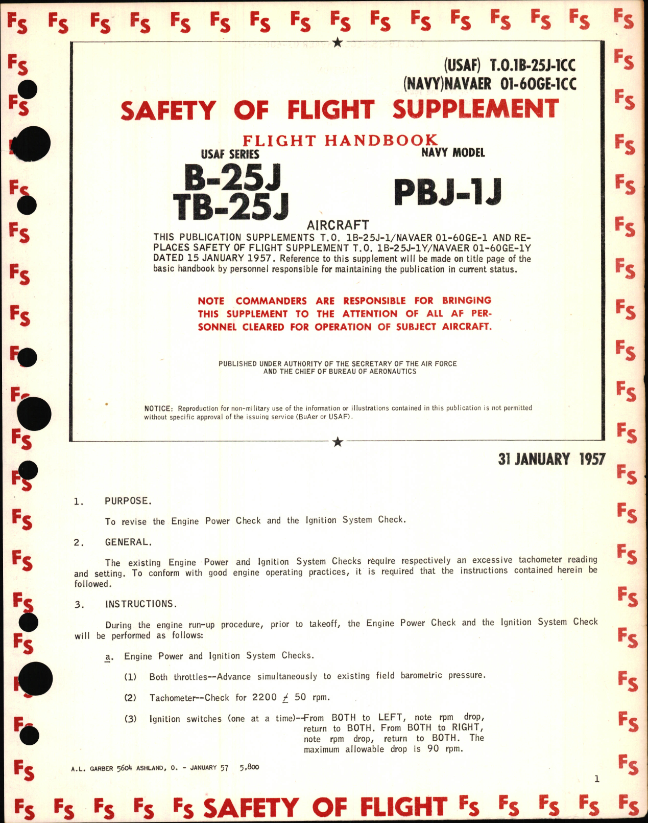 Sample page 1 from AirCorps Library document: Safety of Flight Supplement to Flight Handbook for USAF Series B-25J and TB-25J Aircraft