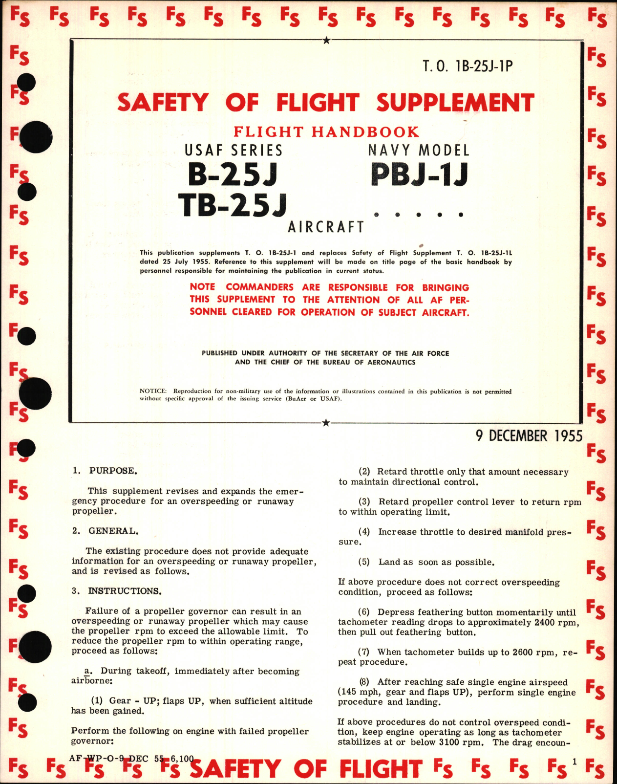 Sample page 1 from AirCorps Library document:  Safety of Flight Supplement to Flight Handbook for USAF Series B-25J and TB-25J Aircraft