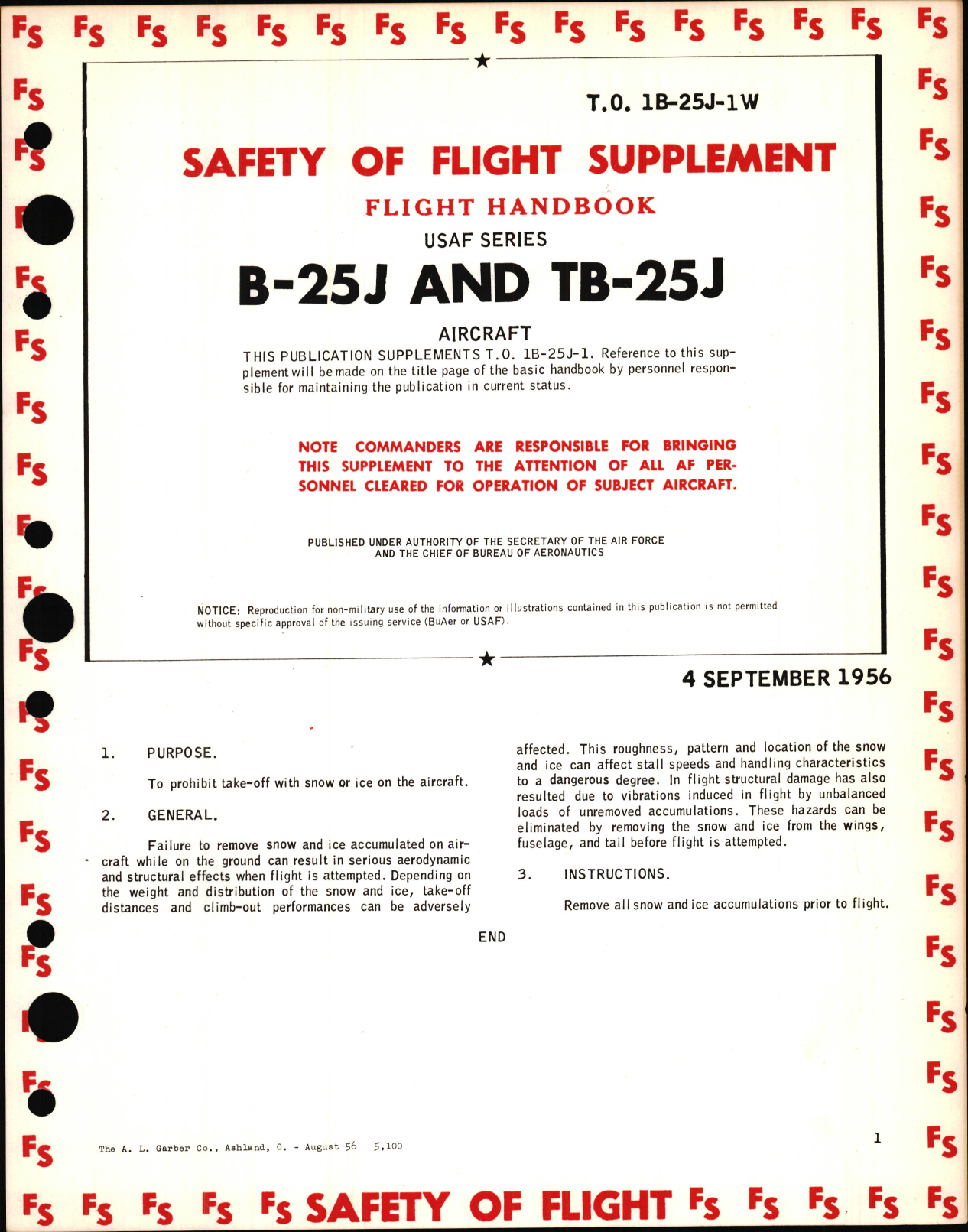 Sample page 1 from AirCorps Library document: Safety of Flight Supplement to Flight Handbook for USAF Series B-25J and TB-25J Aircraft
