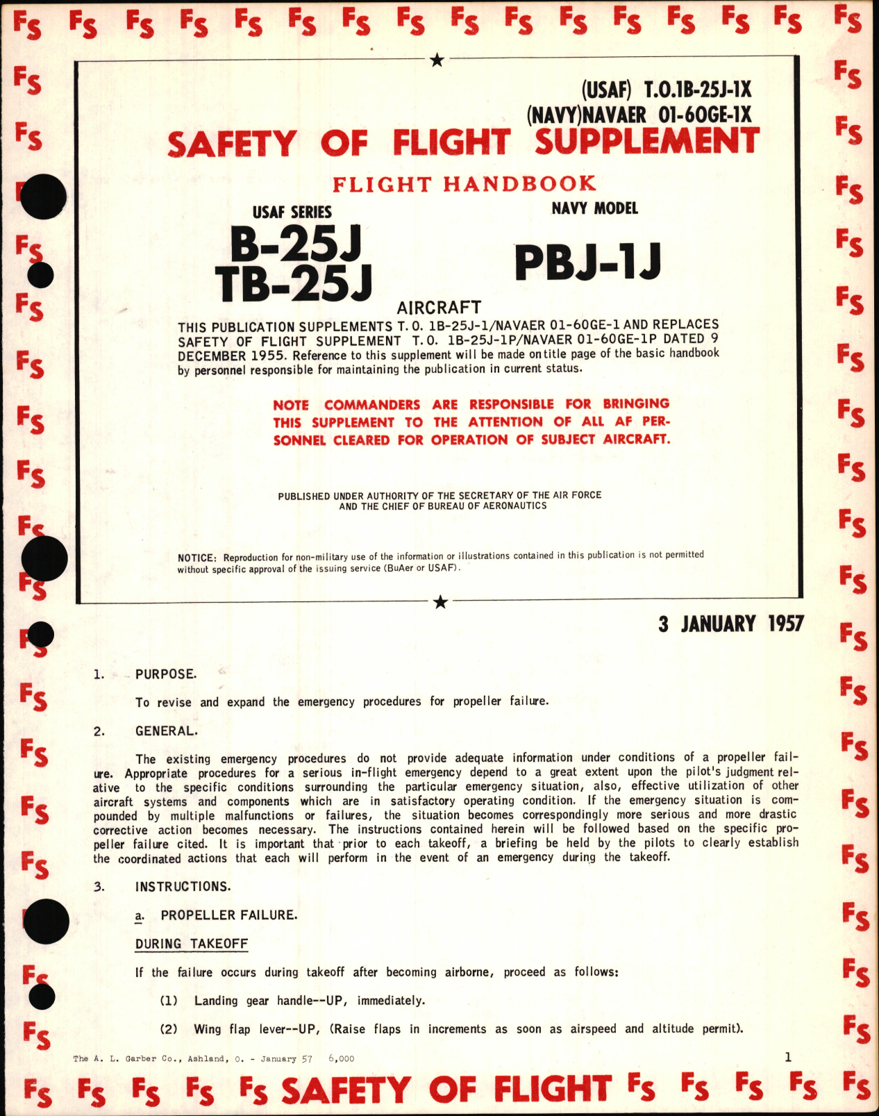 Sample page 1 from AirCorps Library document: Safety of Flight Supplement to Flight Handbook for USAF Series B-25J and TB-25J Aircraft