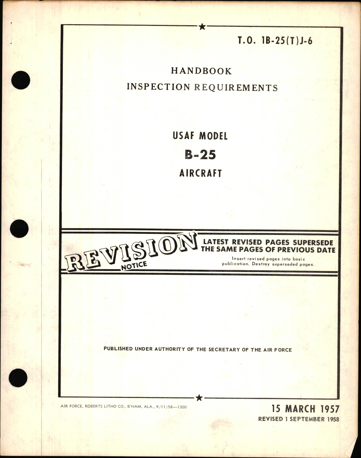 Sample page 1 from AirCorps Library document:  Handbook of Inspection Requirements for USAF Model B-25 Aircraft